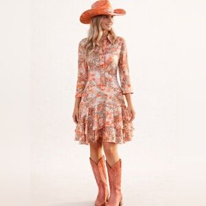 NWT Moda International Silk Peach Floral Tiered Western Dress Size 4